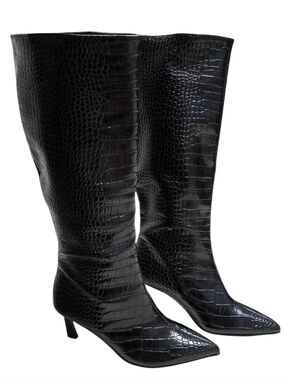 Women's Black Croc-Embossed Pointed-Knee Boots